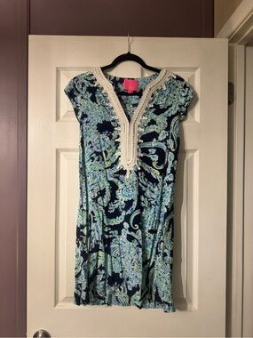Lilly Pulitzer Navy Paisley Mini Dress with Ivory Embroidered V-Neck